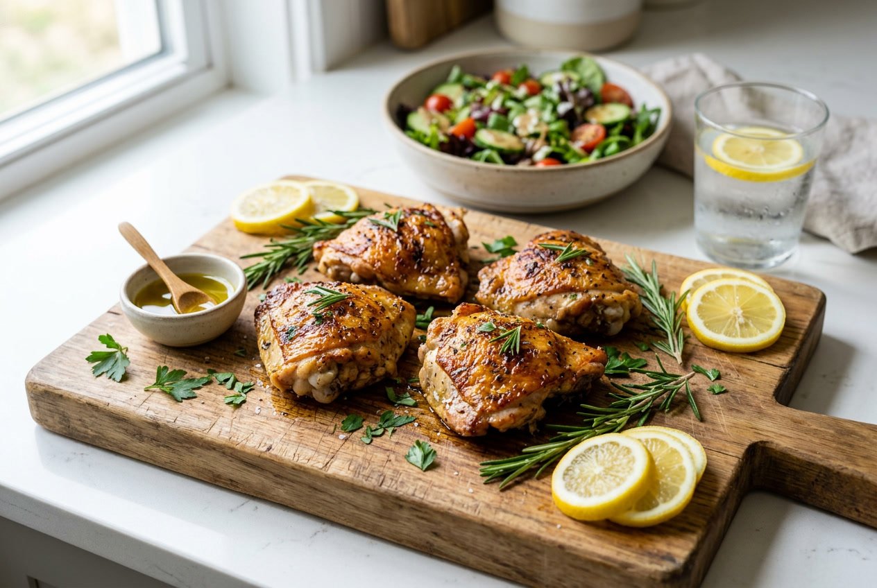 Cooked chicken thighs on a wooden cutting board with fresh herbs and lemon slices in a bright kitchen setting.