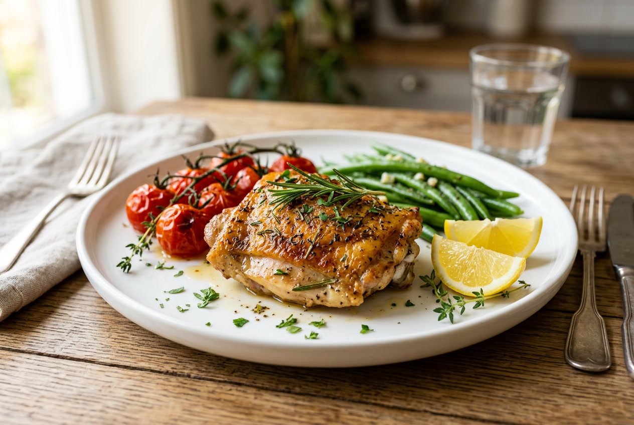 A cooked chicken thigh on a white plate garnished with herbs and accompanied by fresh vegetables.
