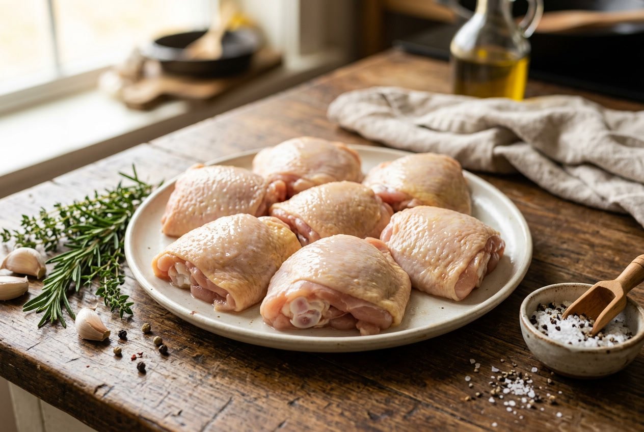Raw chicken thighs on a white plate with herbs, garlic, and spices on a wooden surface.
