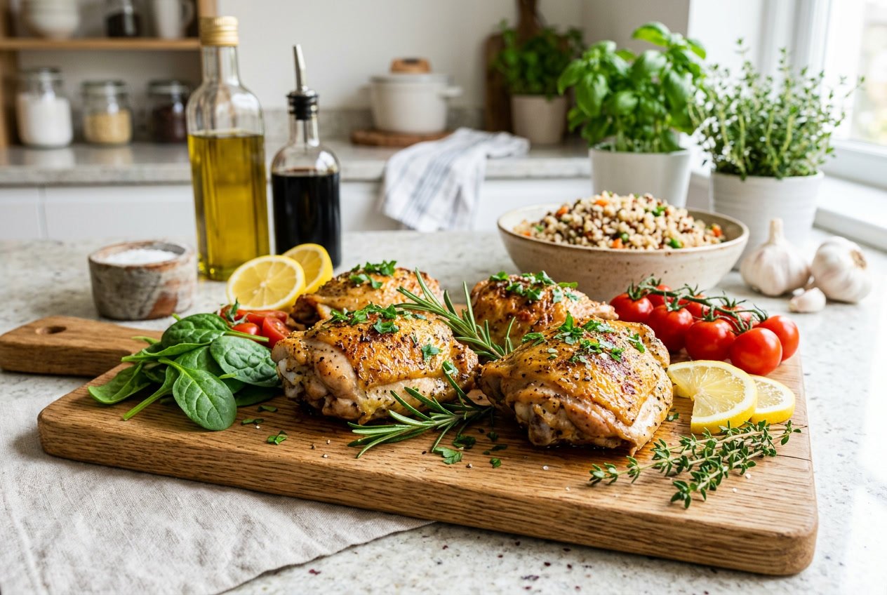Cooked chicken thighs garnished with fresh herbs on a wooden cutting board surrounded by fresh vegetables in a kitchen setting.