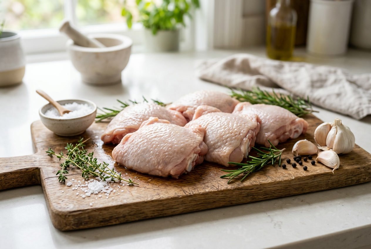 Raw chicken thighs on a wooden cutting board with herbs and garlic on a kitchen countertop.