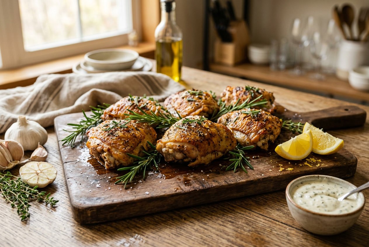 A plate of cooked chicken thighs garnished with herbs on a wooden cutting board with garlic and lemon wedges nearby.