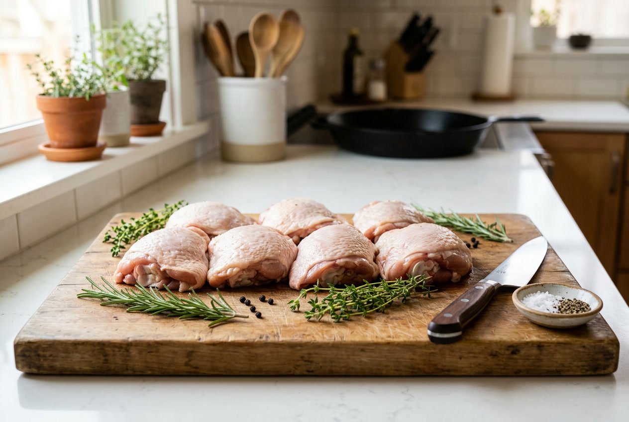 Fresh raw chicken thighs on a wooden cutting board with herbs and kitchen utensils in a bright kitchen.