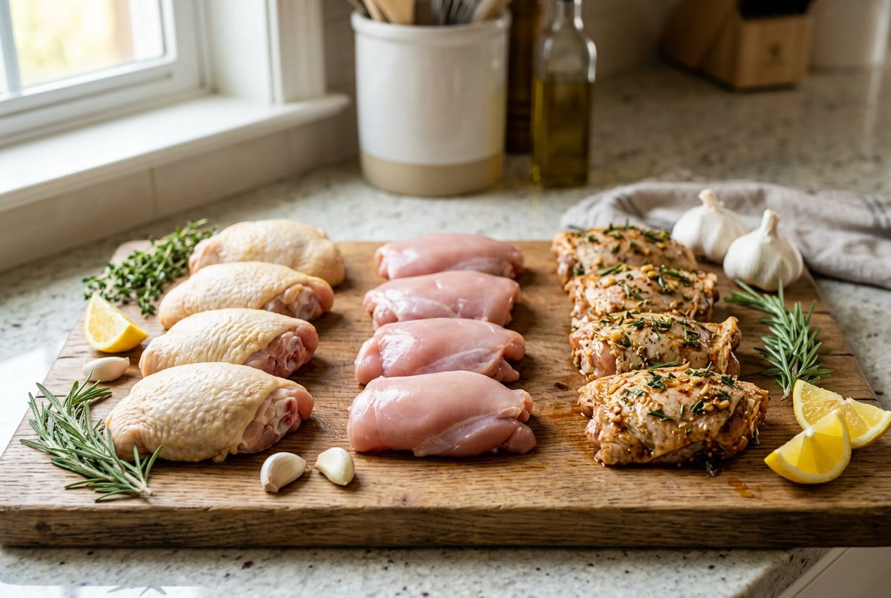 Various types of raw chicken thighs displayed on a wooden cutting board with herbs, garlic, and lemon wedges.