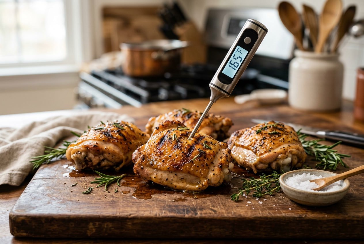 Close-up of cooked chicken thighs on a cutting board with a meat thermometer inserted and fresh herbs nearby.