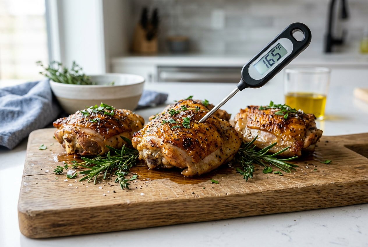 Close-up of cooked chicken thighs on a cutting board with a meat thermometer showing the temperature.