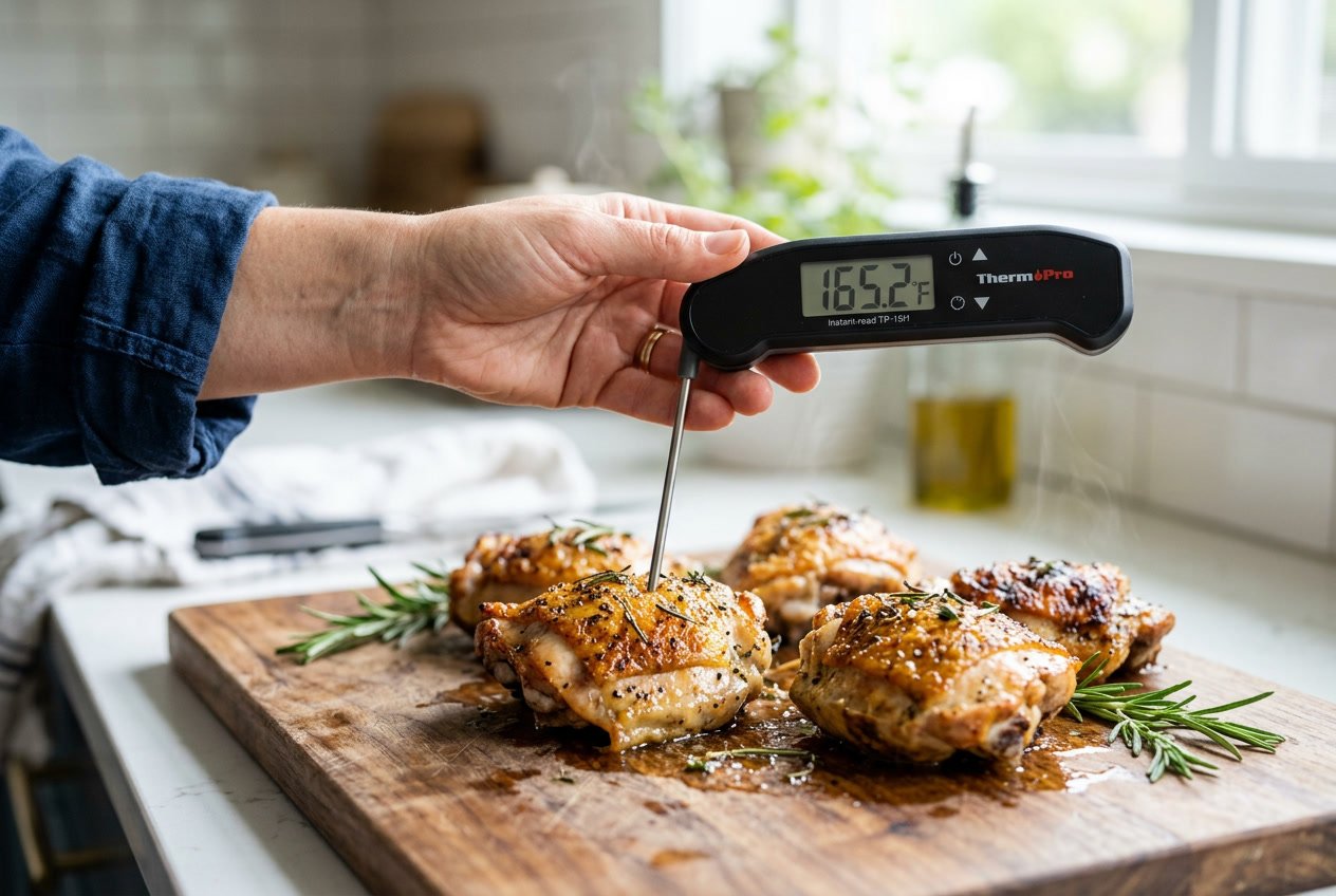 A person checking the temperature of cooked chicken thighs with a digital meat thermometer in a kitchen.