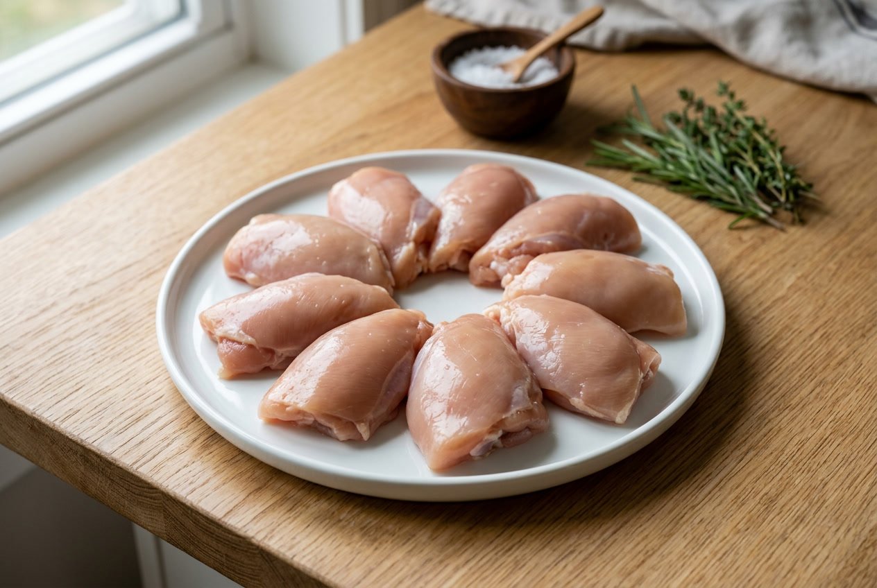 Raw chicken thigh fillets arranged on a white plate with fresh herbs and sea salt on a wooden countertop.