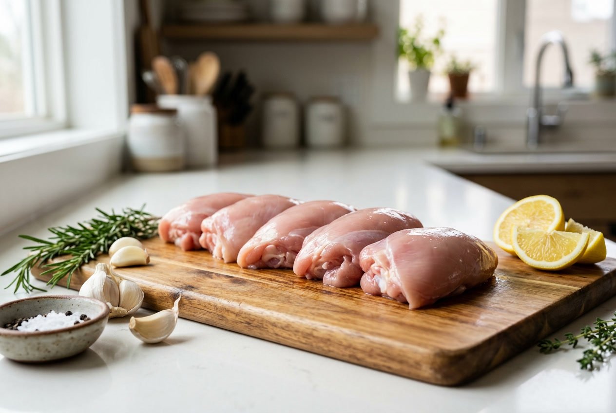 Raw chicken thigh fillets arranged on a wooden cutting board with herbs and lemon slices nearby.