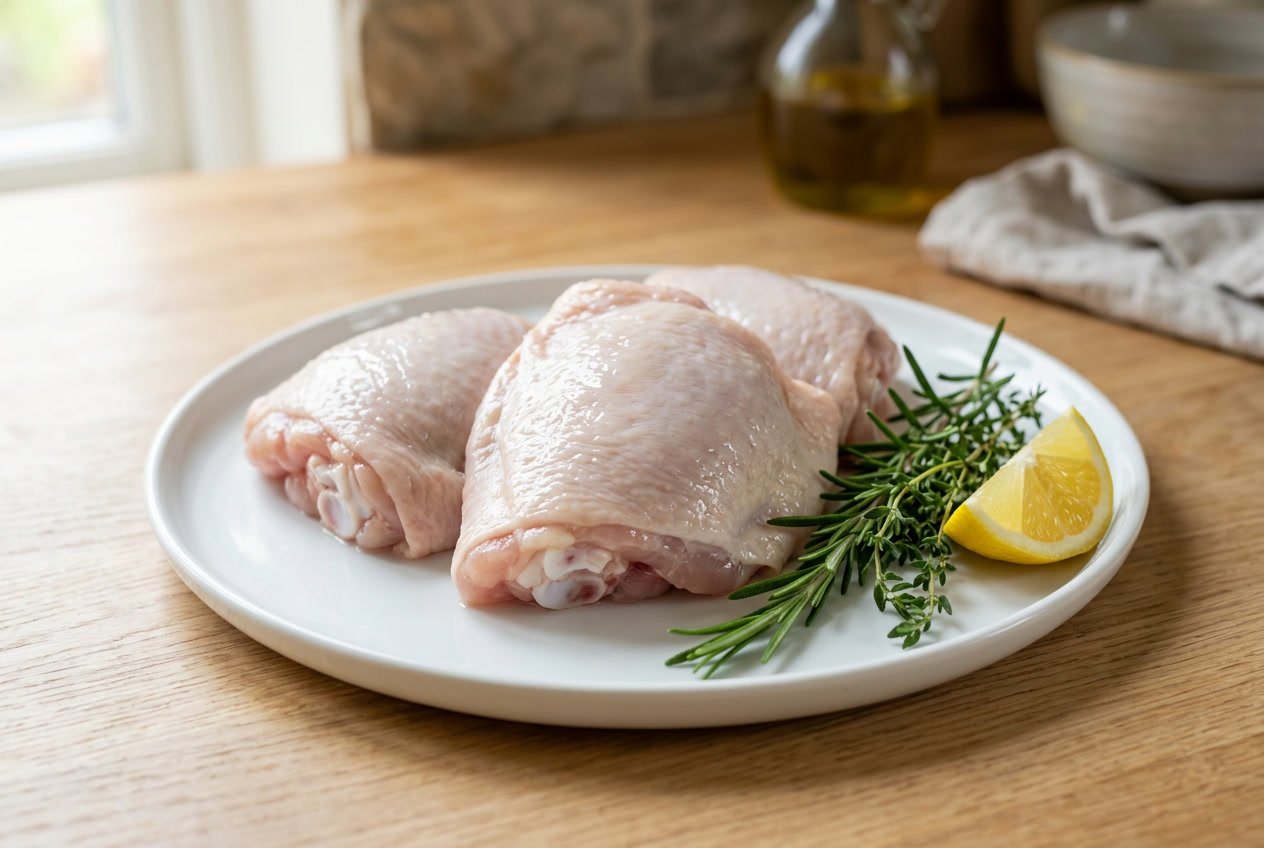 Raw chicken thighs on a white plate with fresh herbs and a lemon wedge on a wooden kitchen countertop.