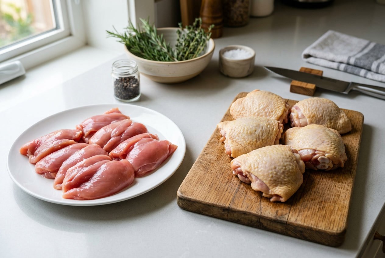 Raw chicken thigh fillets on a white plate and whole chicken thighs on a wooden cutting board on a kitchen countertop.
