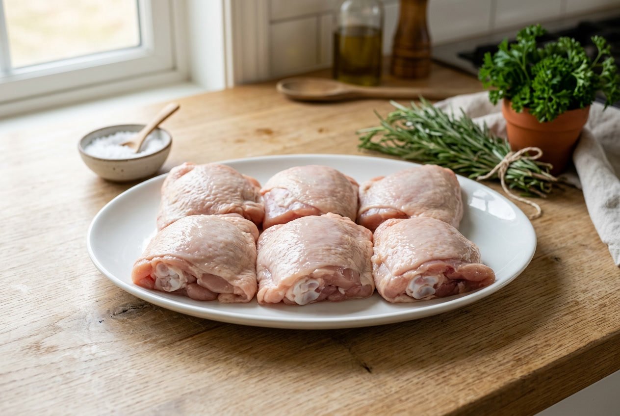 Fresh raw chicken thighs on a white plate with herbs and salt on a wooden kitchen countertop.