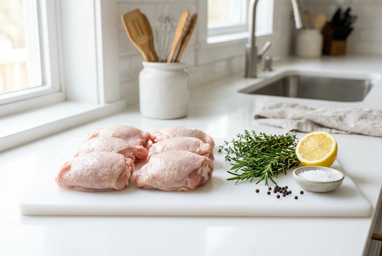 Raw chicken thighs on a white cutting board with fresh herbs and lemon in a bright kitchen.