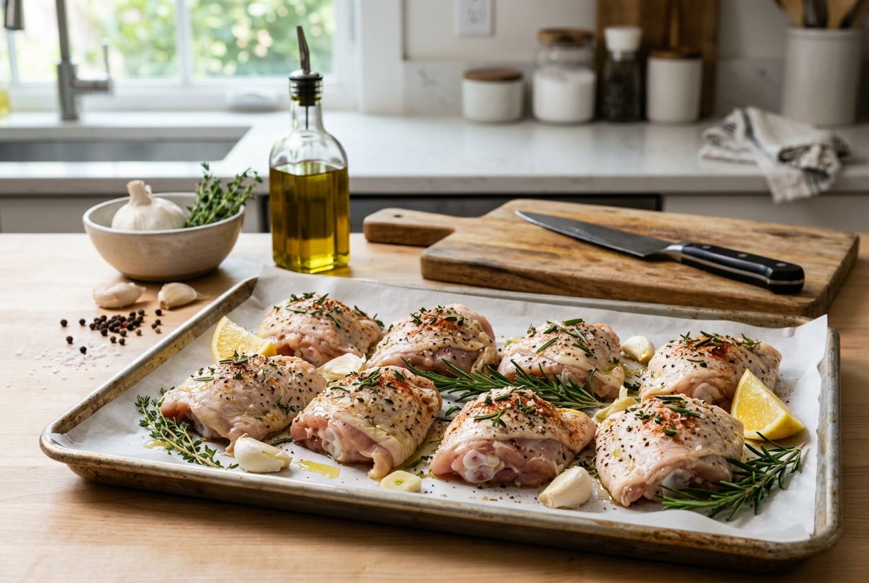 Raw chicken thighs seasoned and arranged on a baking tray with fresh herbs and lemon wedges in a kitchen.