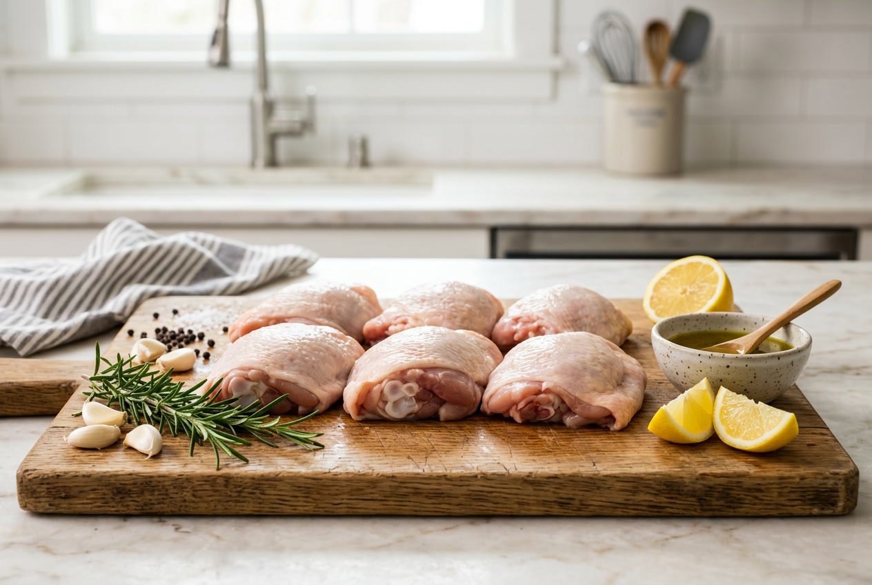 Close-up of raw chicken thighs on a wooden cutting board surrounded by fresh herbs, garlic, lemon wedges, and olive oil in a bright kitchen.