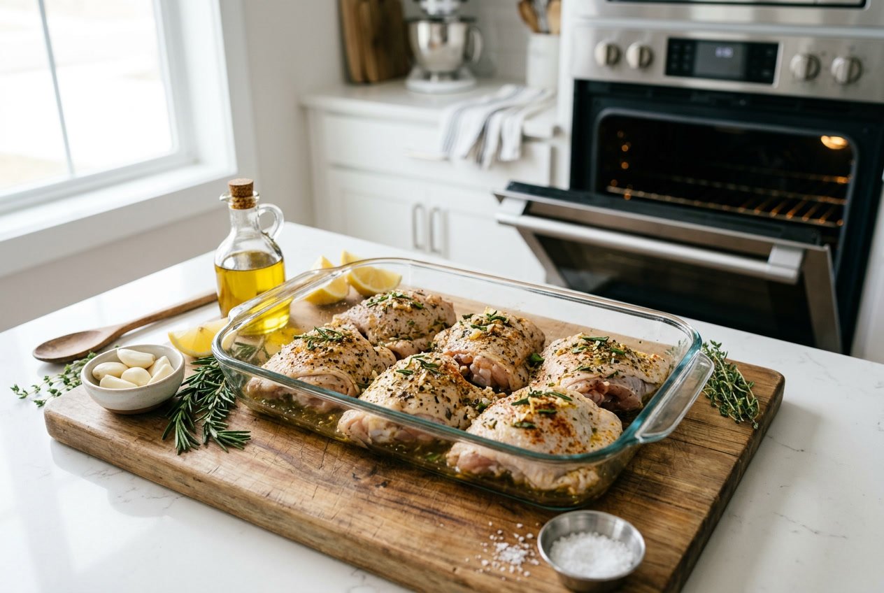 Raw seasoned chicken thighs in a glass baking dish on a kitchen countertop with fresh herbs and lemon wedges nearby, and an oven in the background.