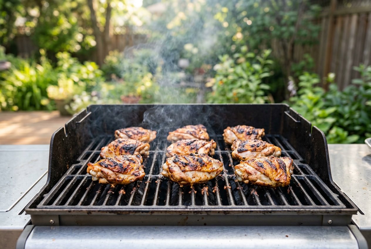 Chicken thighs cooking on a barbecue grill outdoors with smoke rising.