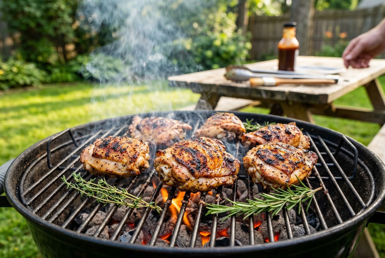 Close-up of chicken thighs grilling on a charcoal barbecue with herbs nearby and a sunny backyard in the background.