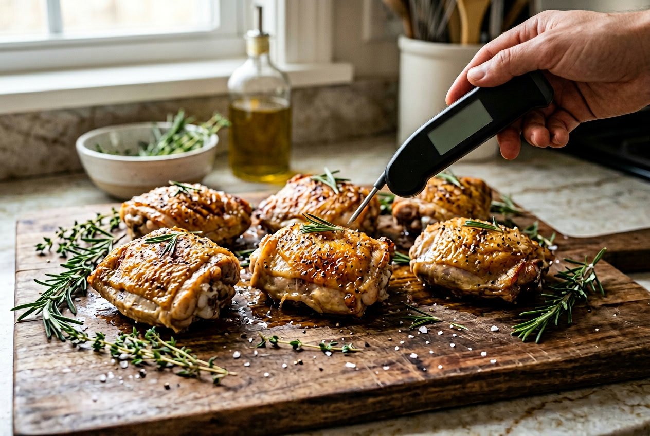 Cooked chicken thighs on a cutting board with a meat thermometer inserted showing the temperature.