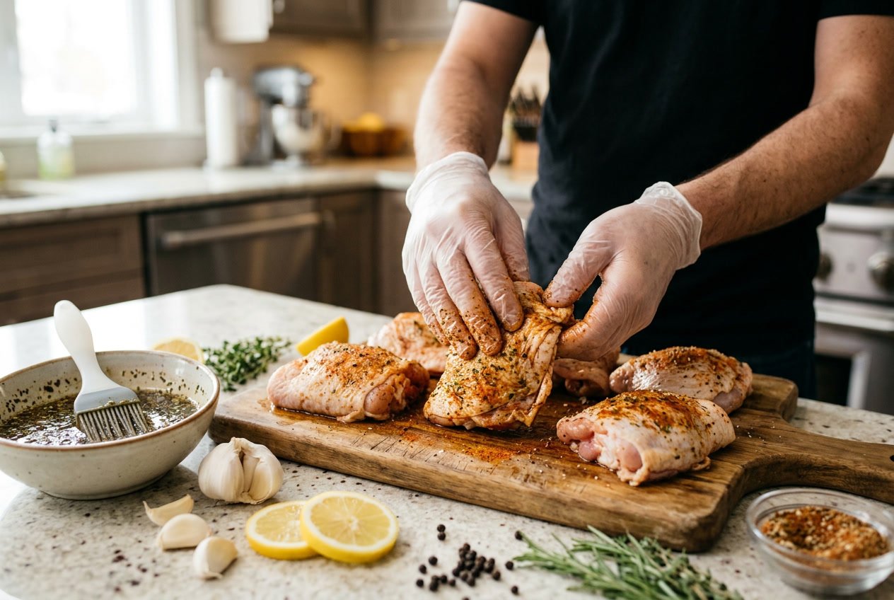 Hands seasoning raw chicken thighs on a kitchen counter surrounded by fresh herbs, spices, and marinade ingredients.