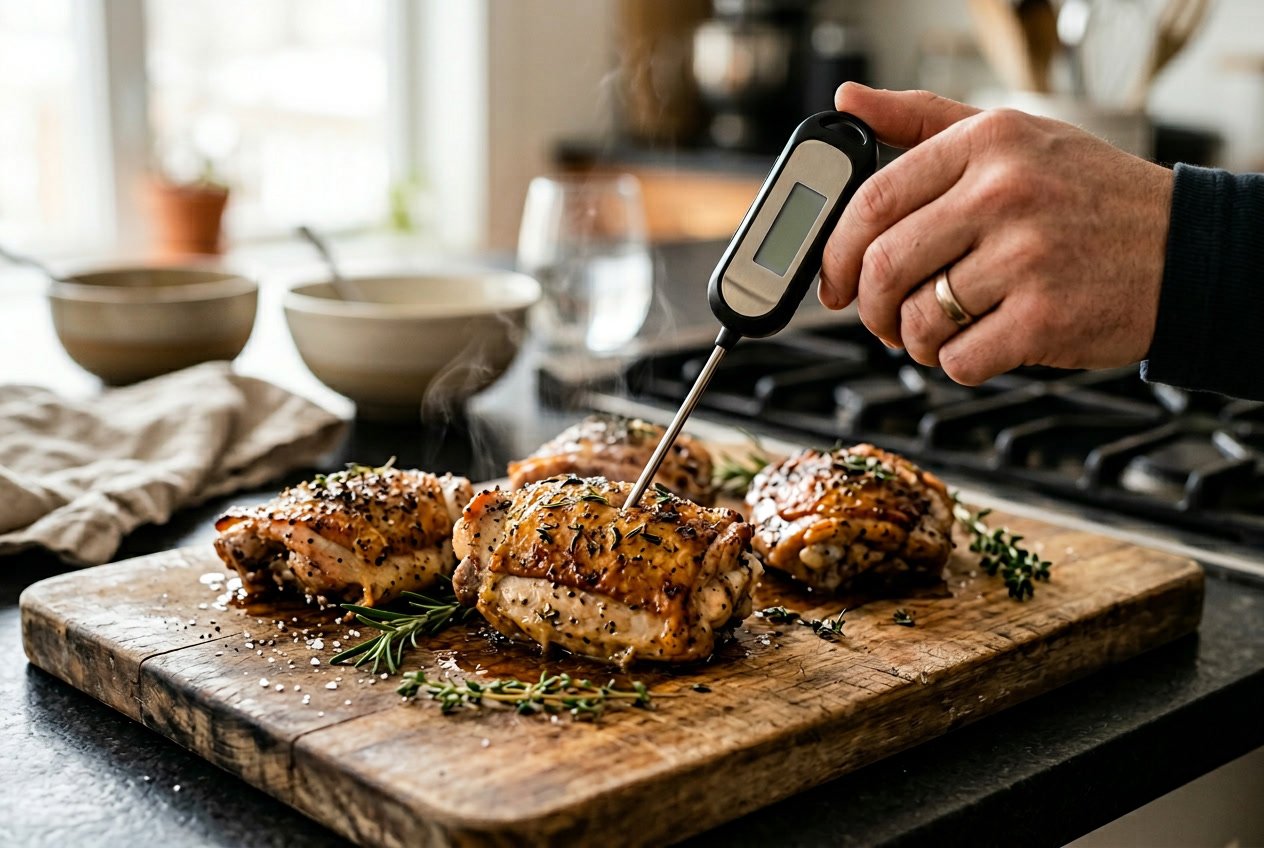 Close-up of a person measuring the internal temperature of cooked chicken thighs with a digital meat thermometer on a wooden cutting board.