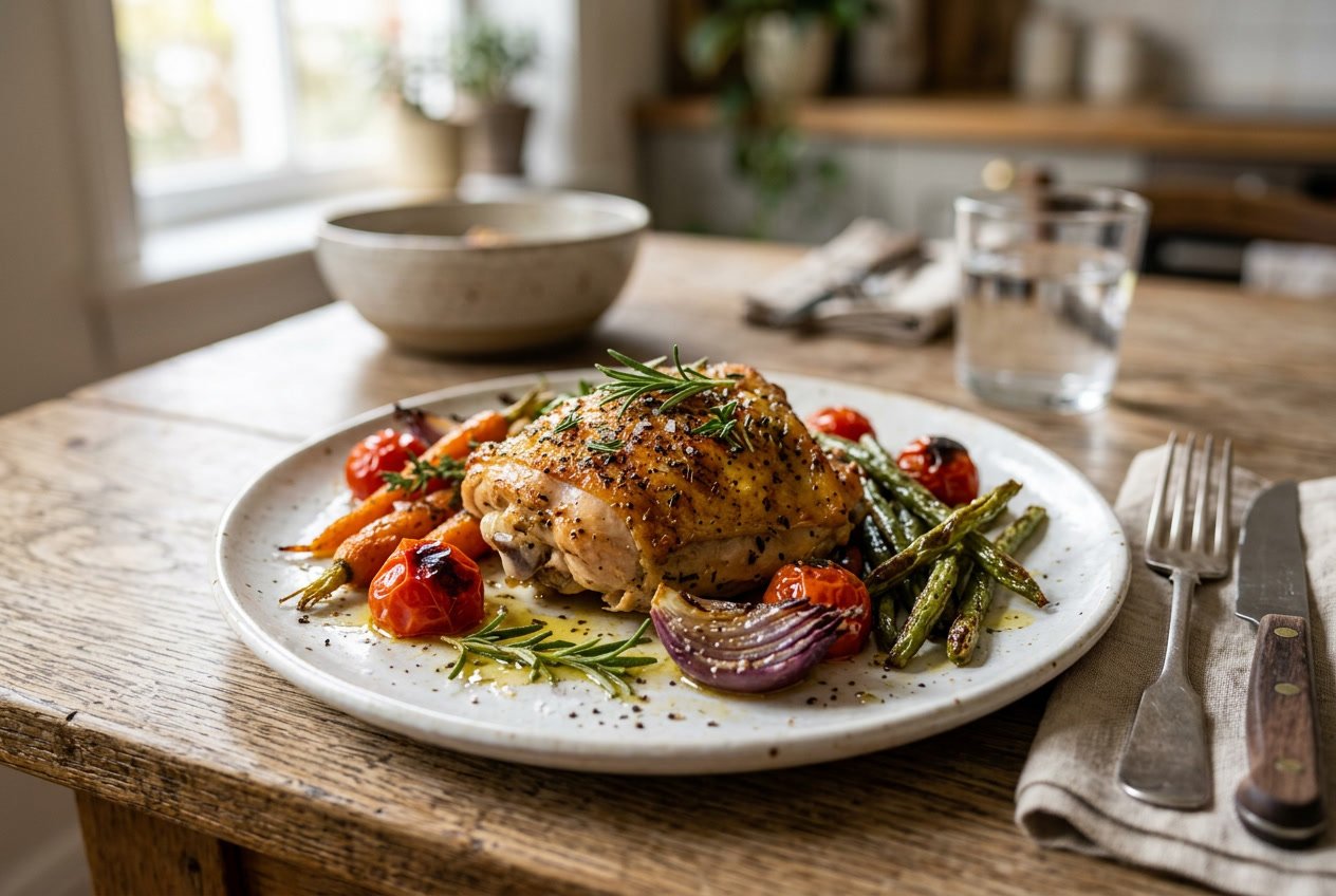 A plate with a cooked chicken thigh garnished with herbs and surrounded by roasted vegetables on a wooden table.
