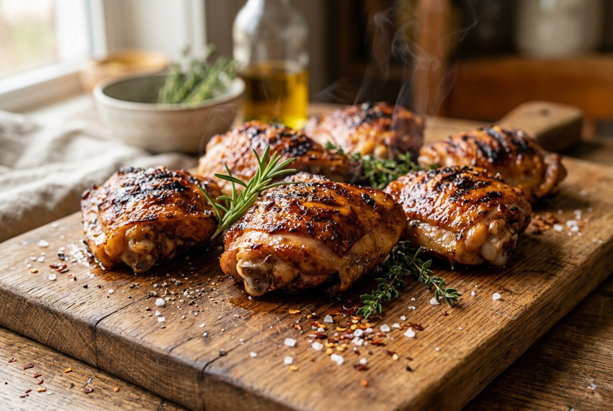 Close-up of smoked chicken thighs on a wooden cutting board with herbs and spices.
