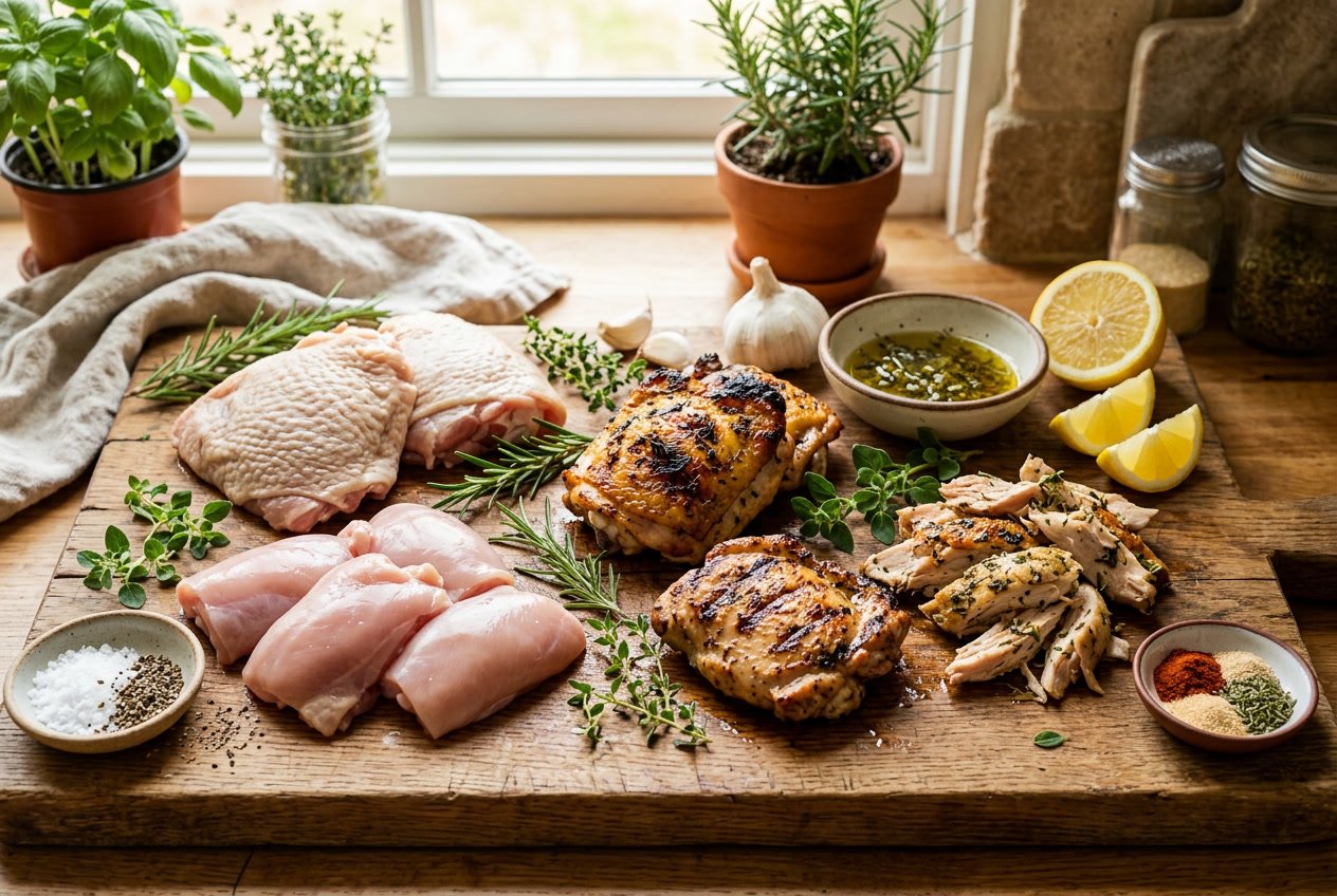 An assortment of raw and cooked chicken thighs displayed with fresh herbs, garlic, lemon wedges, and spices on a wooden cutting board.
