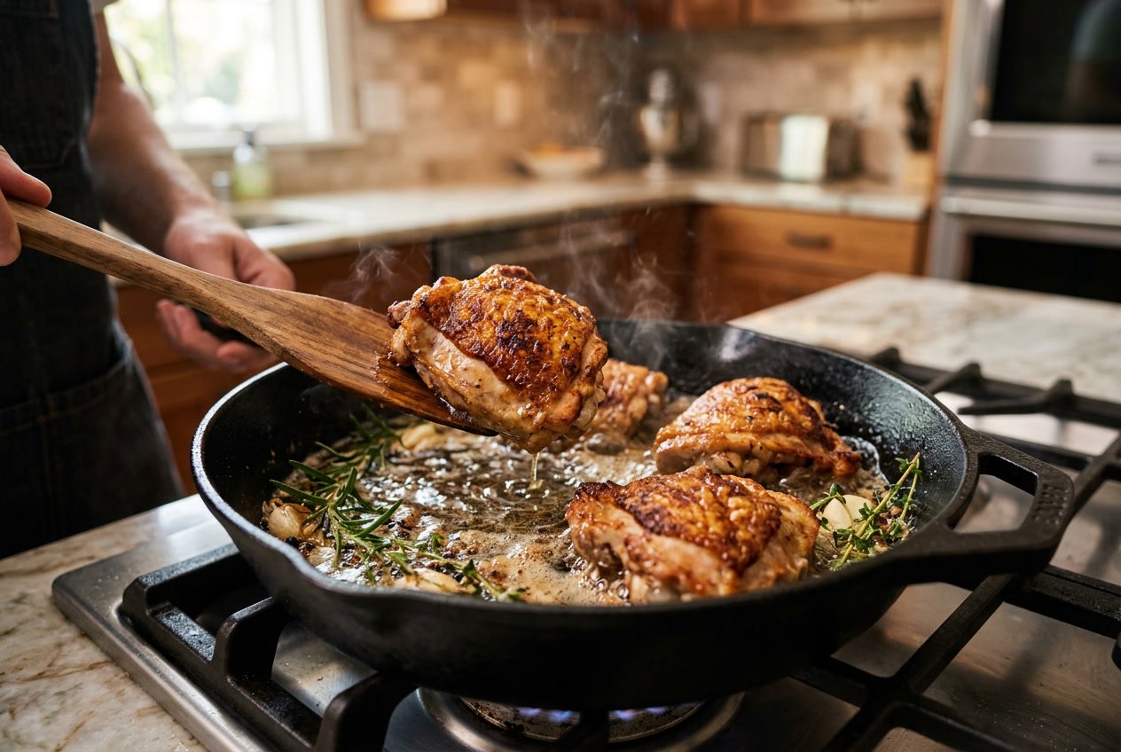 Close-up of chicken thighs frying in a skillet with herbs in a kitchen.