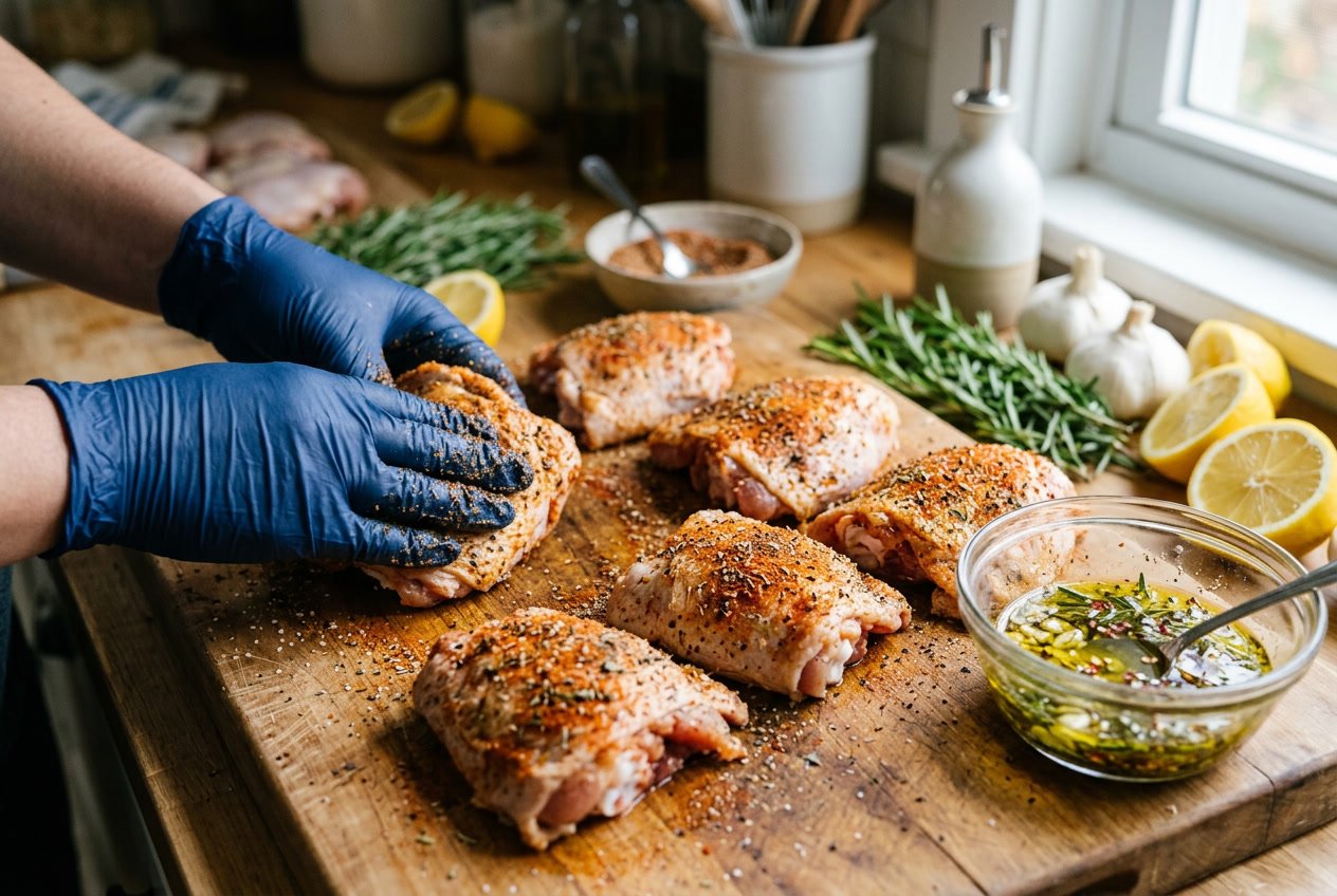 Hands seasoning raw chicken thighs with spices on a wooden board in a kitchen setting with fresh herbs and marinade nearby.