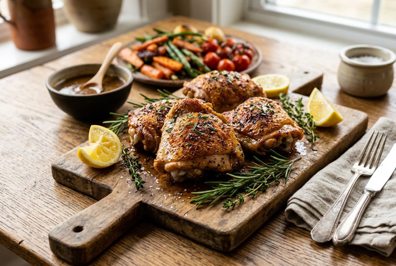 A plate of juicy cooked chicken thighs with herbs, lemon wedges, and roasted vegetables on a wooden board.