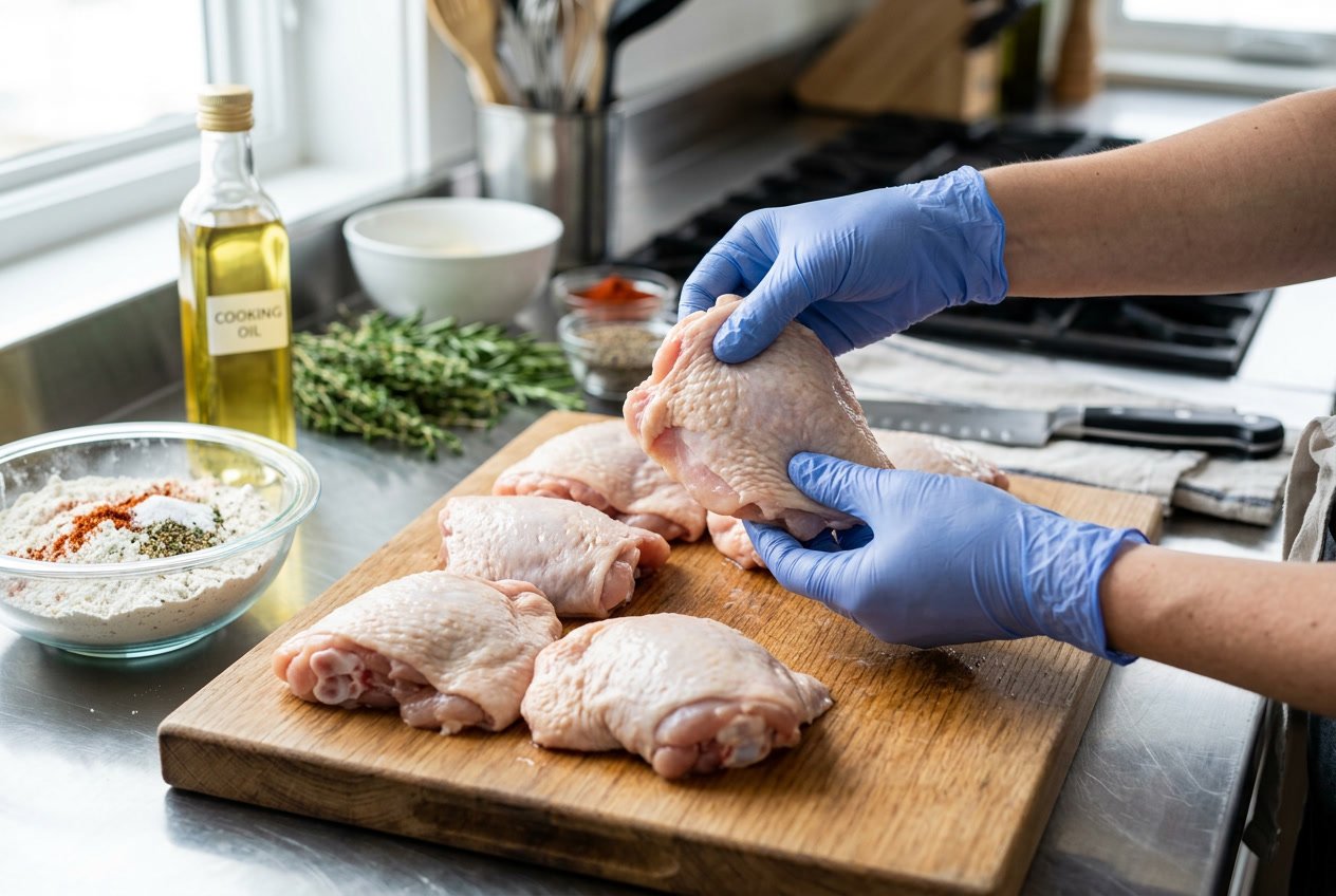 Hands inspecting raw chicken thighs on a cutting board in a kitchen setting with cooking utensils nearby.