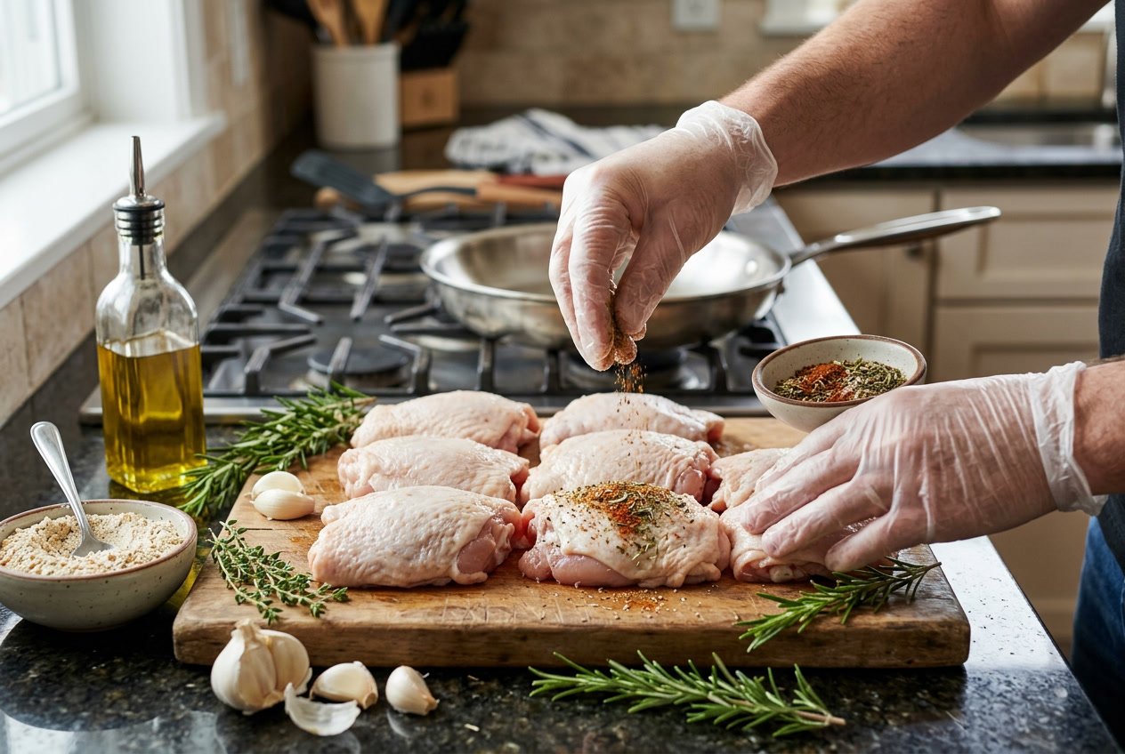 Hands seasoning raw chicken thighs on a cutting board with fresh herbs and spices nearby in a kitchen.