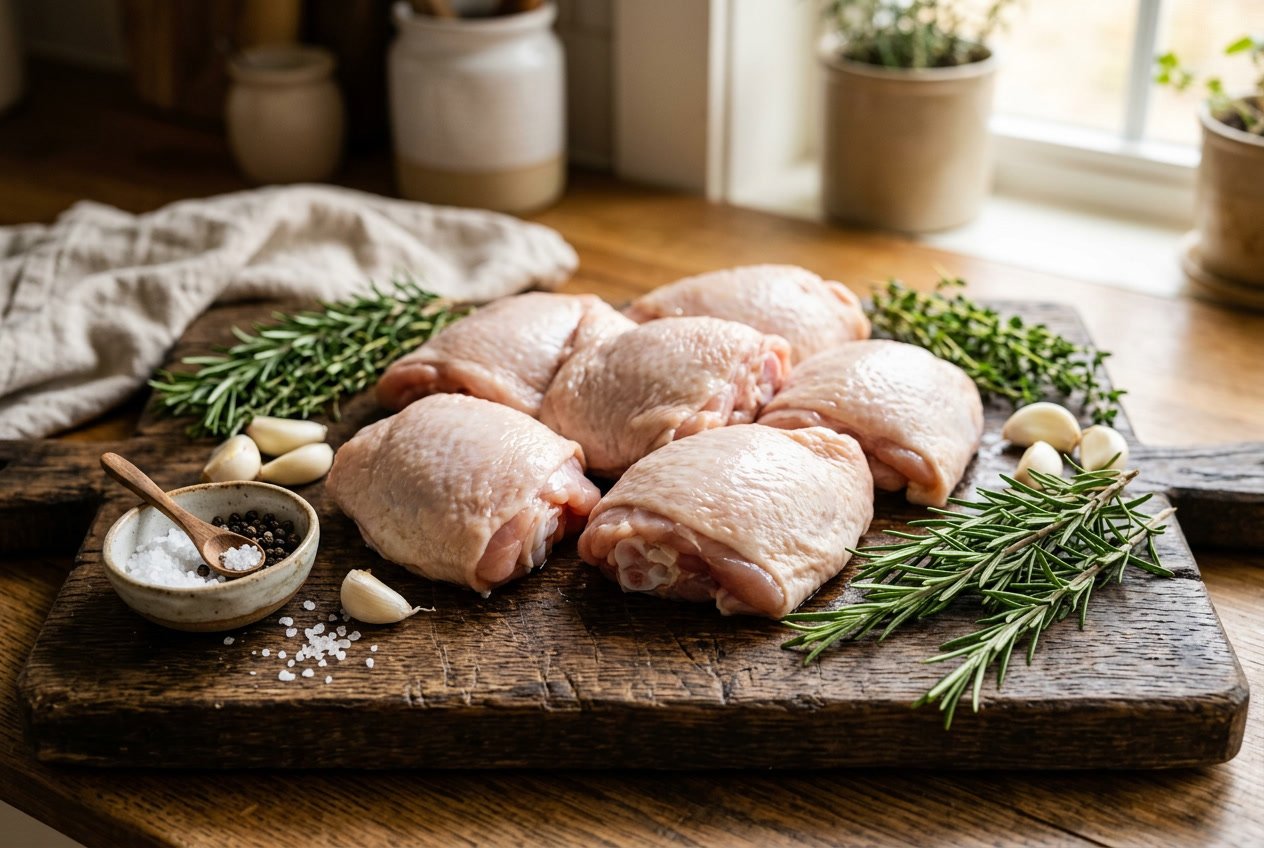 Raw chicken thighs on a wooden cutting board with herbs and spices around them.