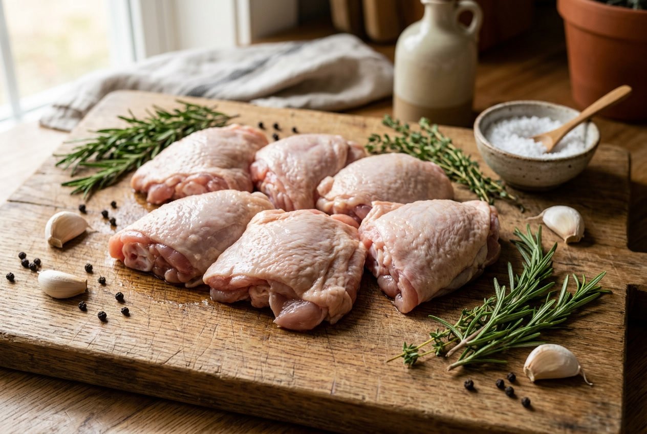 Raw chicken thighs on a wooden cutting board with fresh herbs and garlic cloves around them.