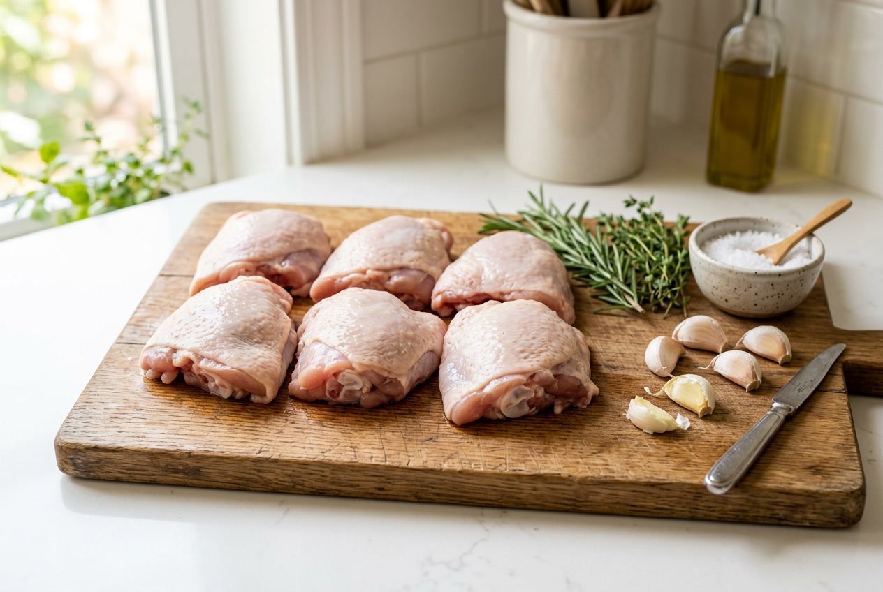 Raw chicken thighs on a wooden cutting board surrounded by herbs and garlic on a kitchen countertop.
