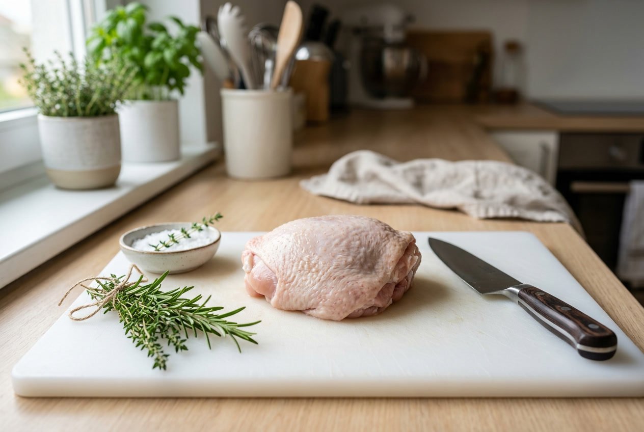 Raw chicken thigh on a white cutting board with fresh herbs and a kitchen knife nearby.