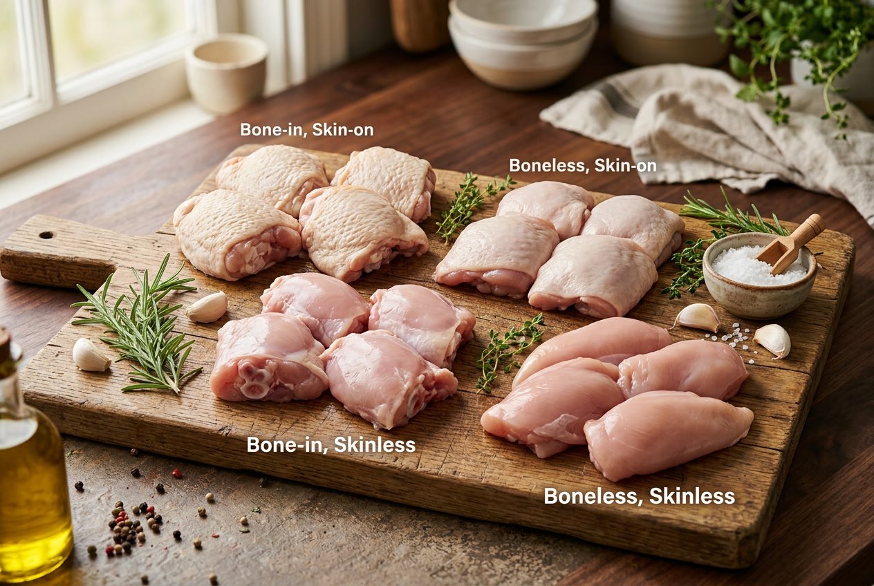 A close-up of different types of raw chicken thighs arranged on a wooden cutting board with herbs and garlic around them.