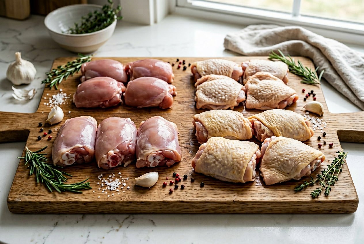 A variety of raw chicken thighs arranged on a wooden cutting board with herbs and spices on a kitchen countertop.