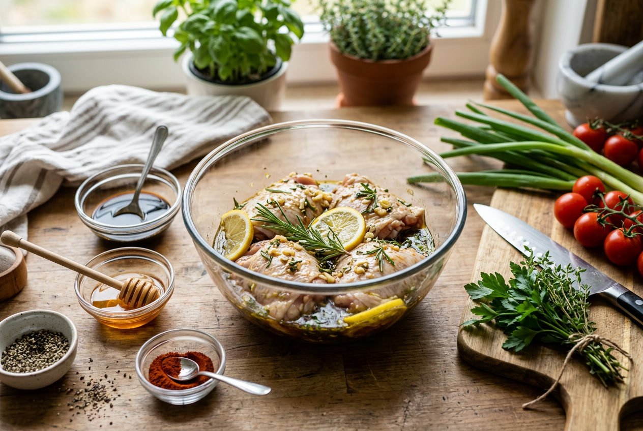 Raw chicken thighs in a bowl being marinated with herbs, garlic, and lemon on a wooden countertop surrounded by small containers of marinade ingredients.