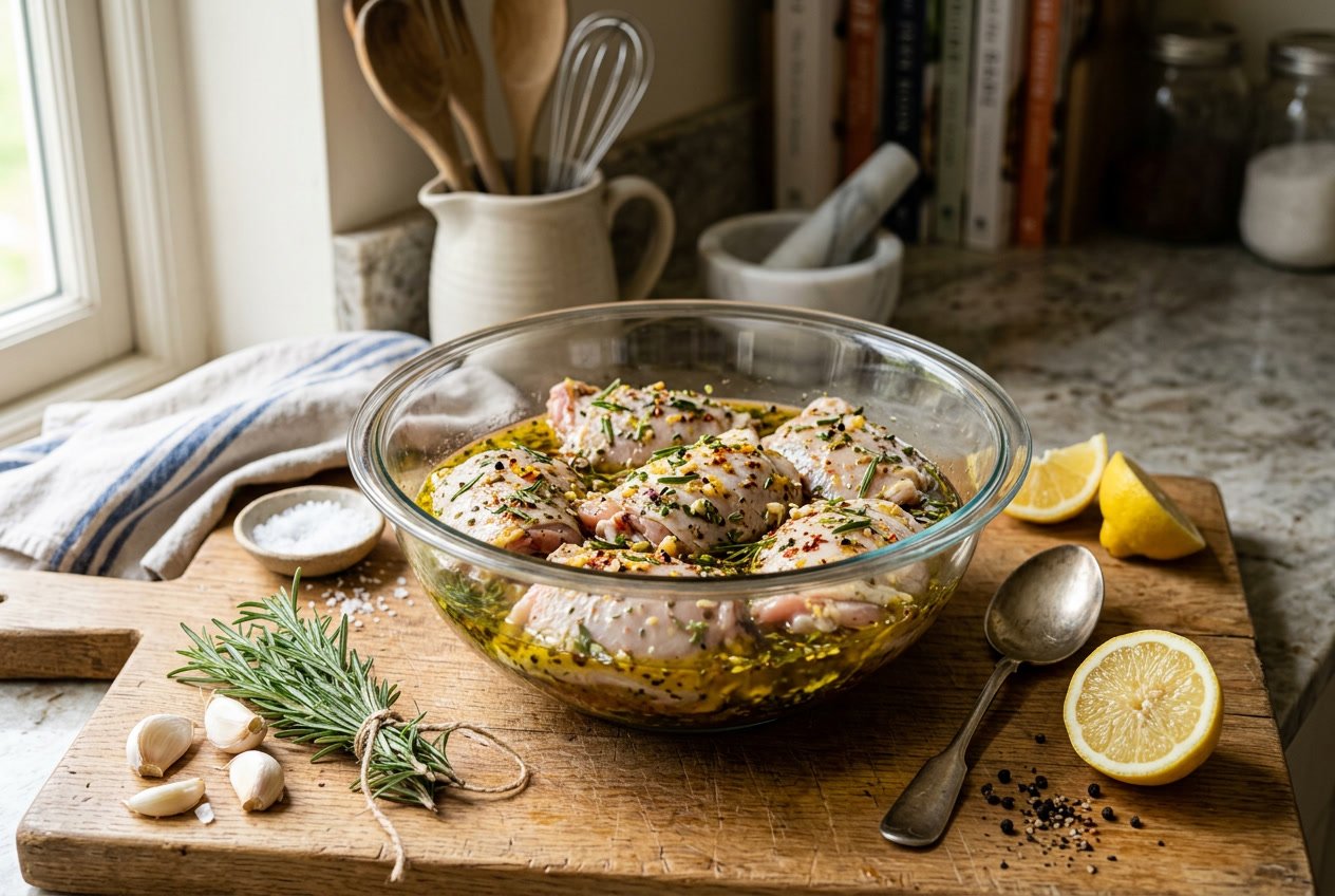 A glass bowl with raw chicken thighs marinating surrounded by fresh herbs and spices on a wooden cutting board in a kitchen.