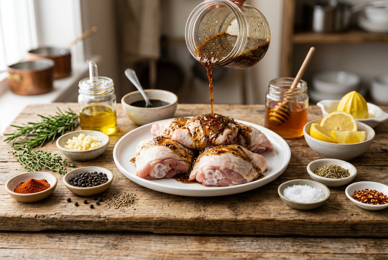 Raw chicken thighs surrounded by bowls of herbs, spices, lemon wedges, and marinade ingredients on a wooden surface.