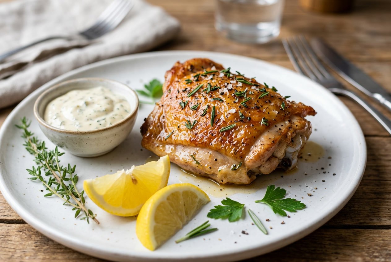A cooked chicken thigh on a white plate with herbs, lemon wedges, and a small bowl of sauce.