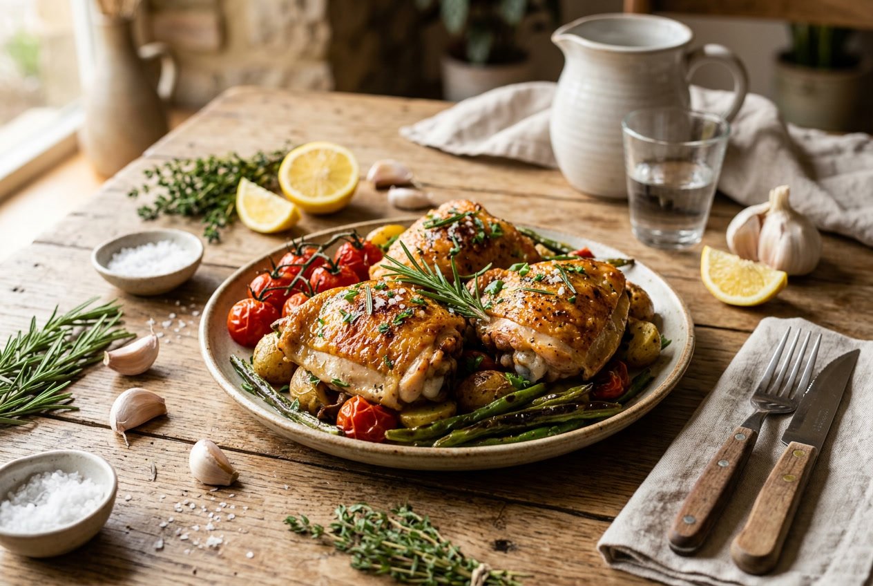 A plate of cooked chicken thighs garnished with herbs on a wooden table with vegetables and lemon wedges around it.