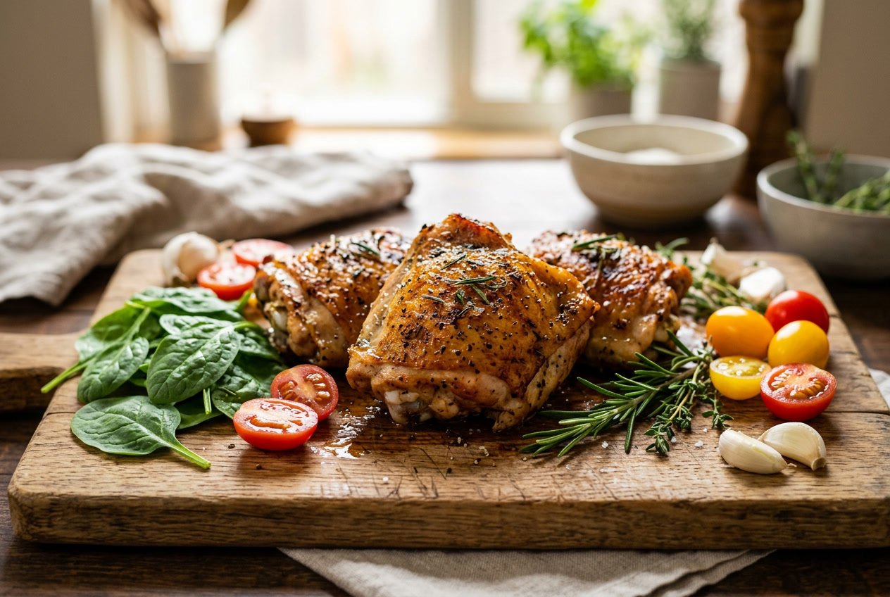 Close-up of cooked chicken thighs on a wooden cutting board with fresh vegetables and herbs around them.