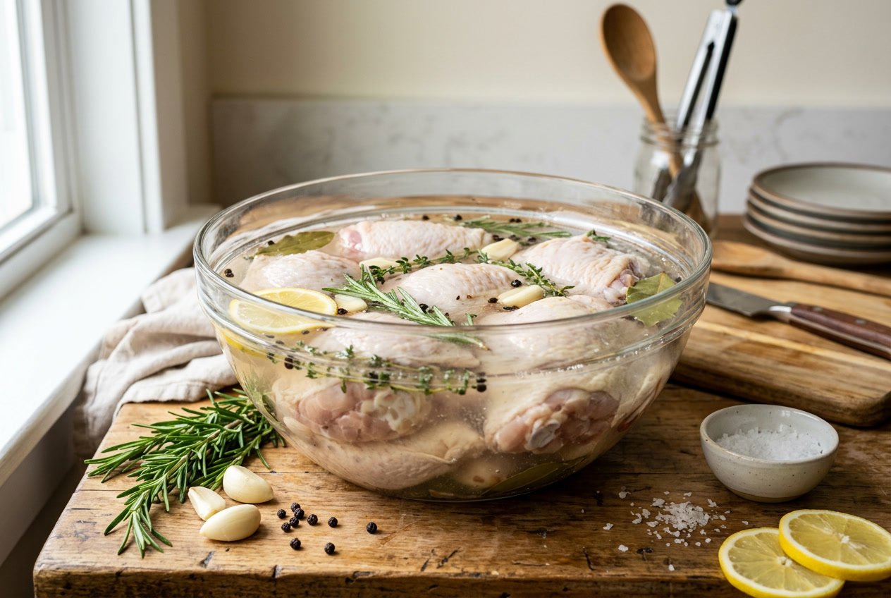 Raw chicken thighs soaking in a glass bowl of brine with herbs and fresh ingredients on a kitchen countertop.