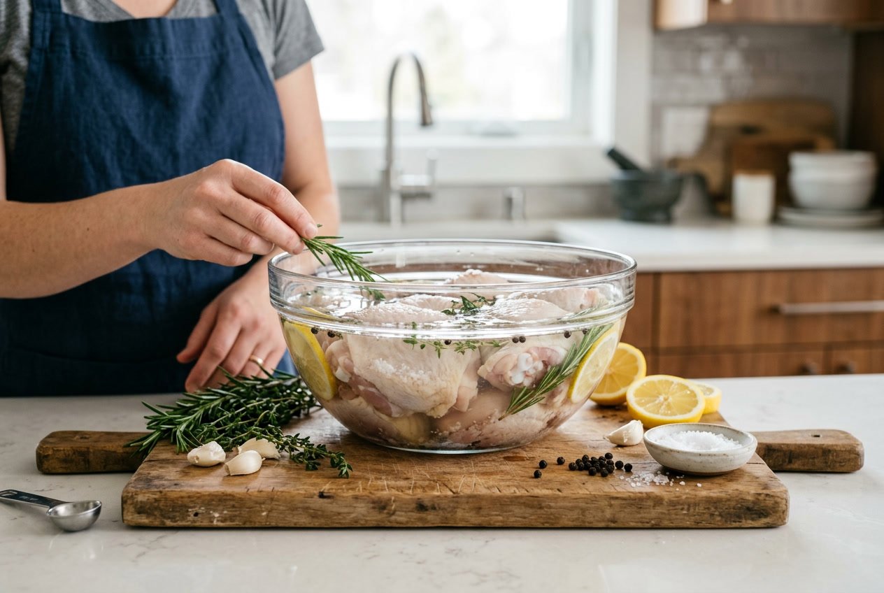 Raw chicken thighs submerged in a glass bowl of brine surrounded by fresh herbs, garlic, and lemon slices on a kitchen countertop.