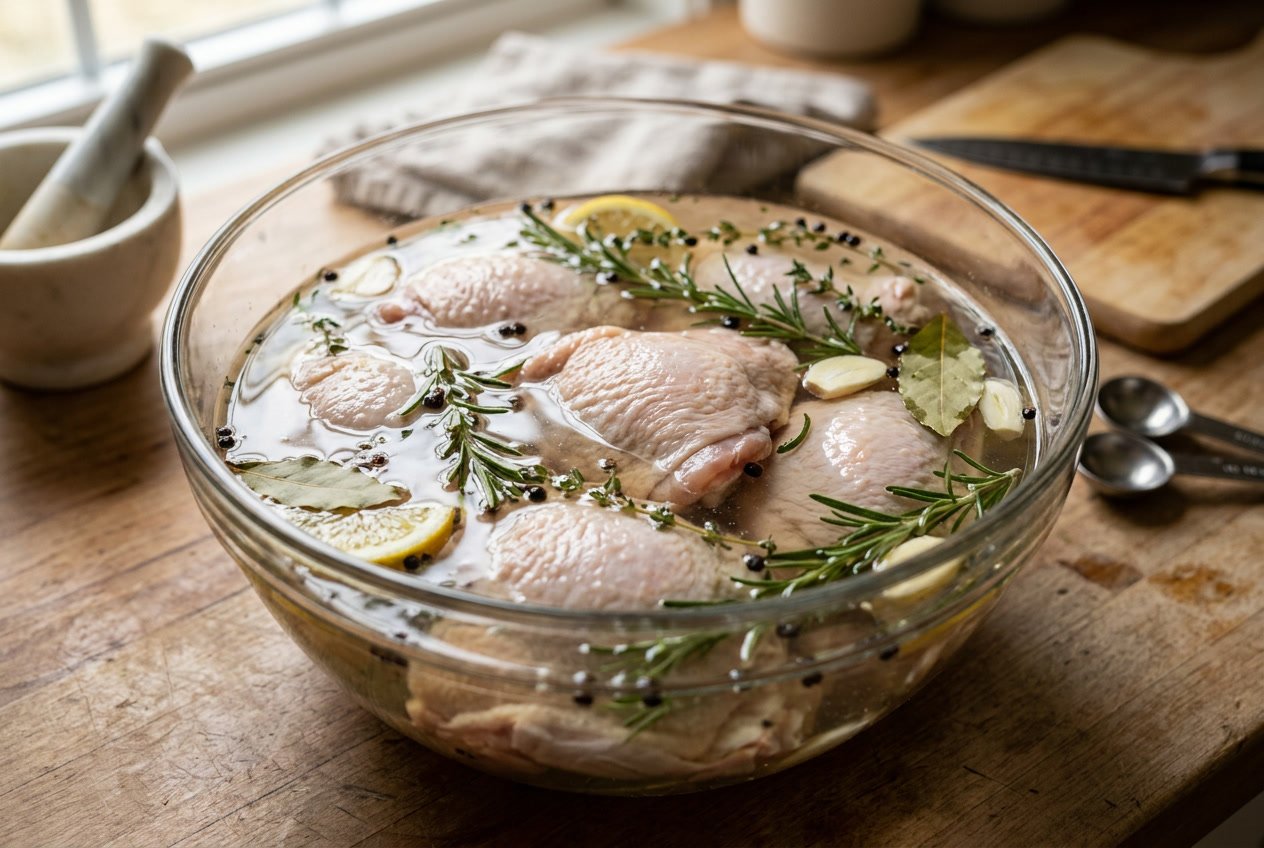 Raw chicken thighs soaking in a clear brine solution with herbs and spices in a glass bowl on a kitchen countertop.