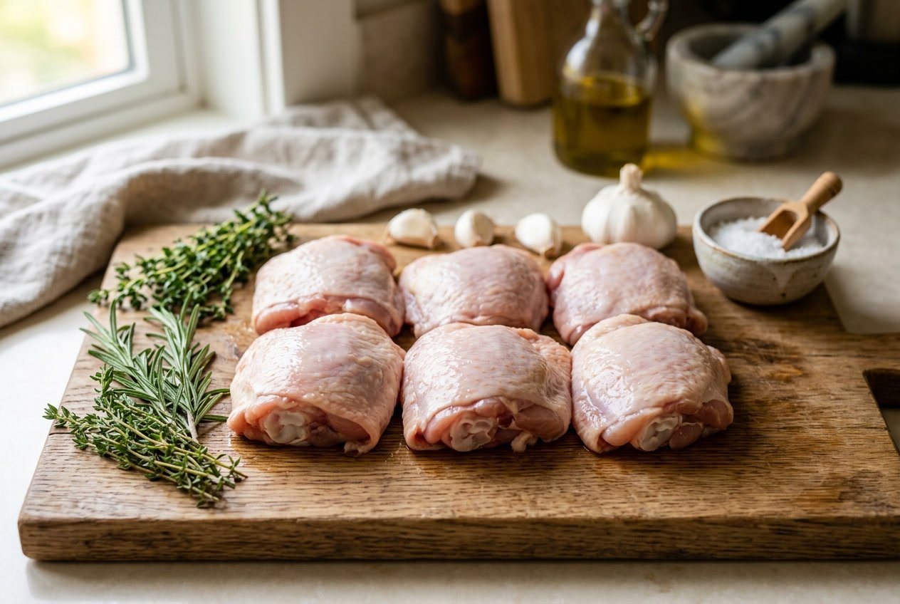 Raw chicken thighs on a wooden cutting board with herbs and garlic cloves nearby.