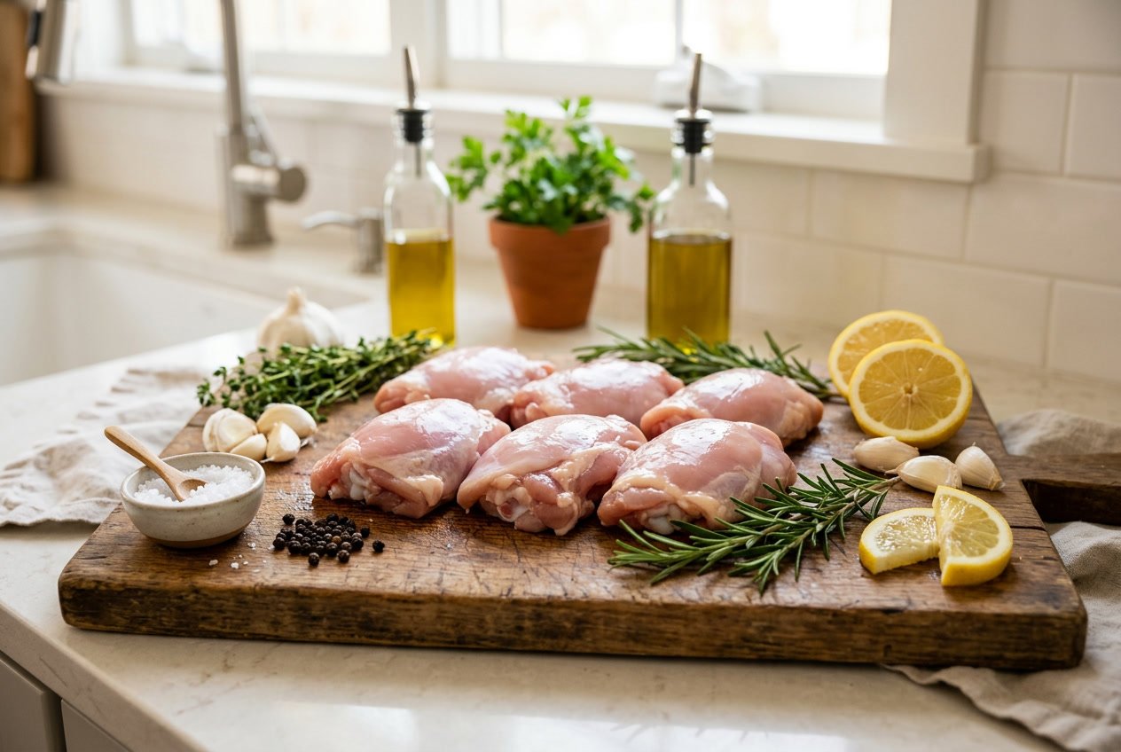 Raw chicken thighs on a wooden cutting board surrounded by garlic, rosemary, lemon slices, and sea salt on a kitchen countertop.